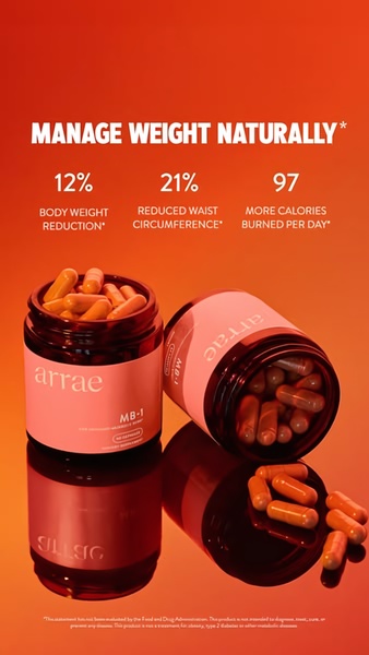 This ad creative features two supplement jars set against a bold, monochromatic orange backdrop, highlighting specific weight management metrics to establish immediate value.